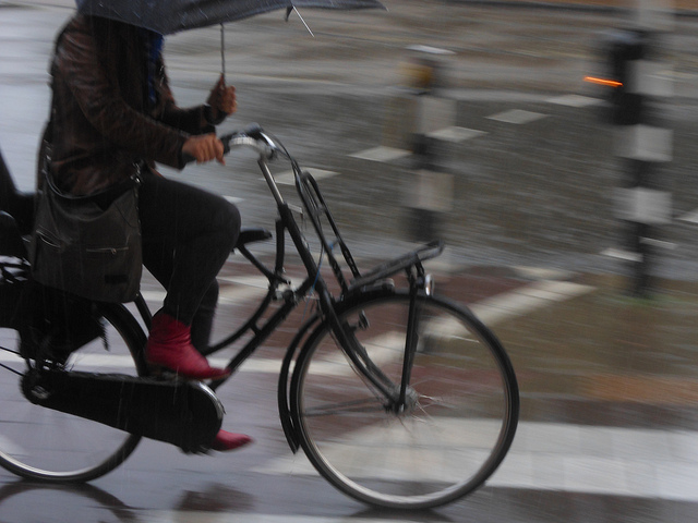 So long as it's not too windy, I find that cycling in heavy rain is actually more difficult without an umbrella. 